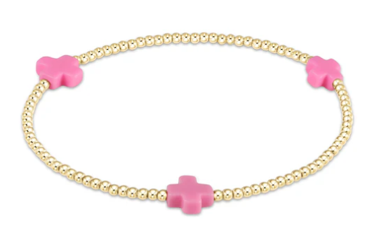 Signature Cross Gold Pattern 2mm Bead Bracelet - Bright Pink