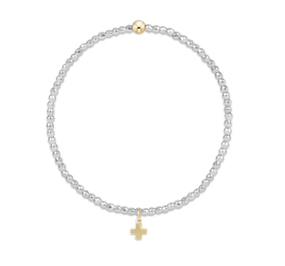 Egirl Bright Silver Faceted Hematite 2mm Bead Bracelet - Signature Cross Gold Charm
