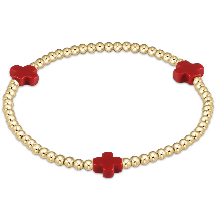 Signature Cross Gold Pattern 3mm Bead Bracelet - Red
