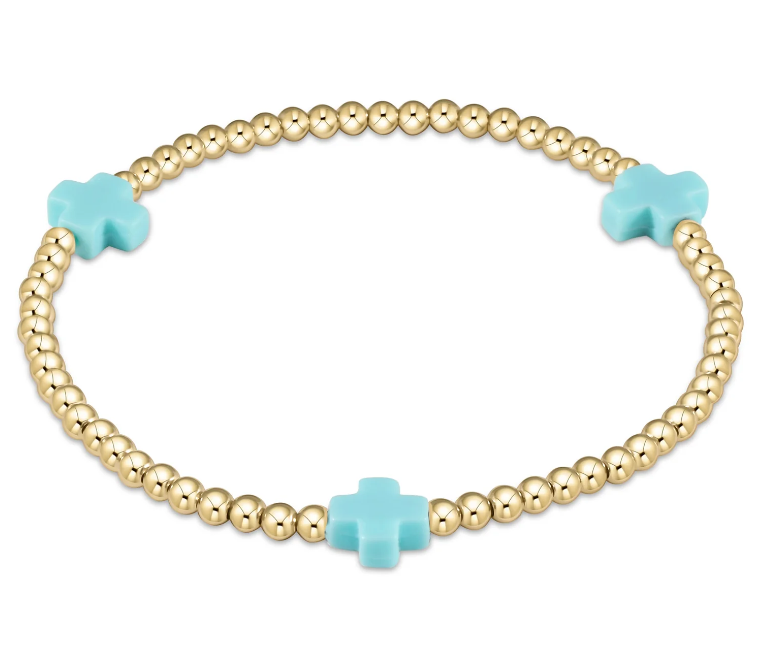 Signature Cross Gold Pattern 3mm Bead Bracelet - Turquoise