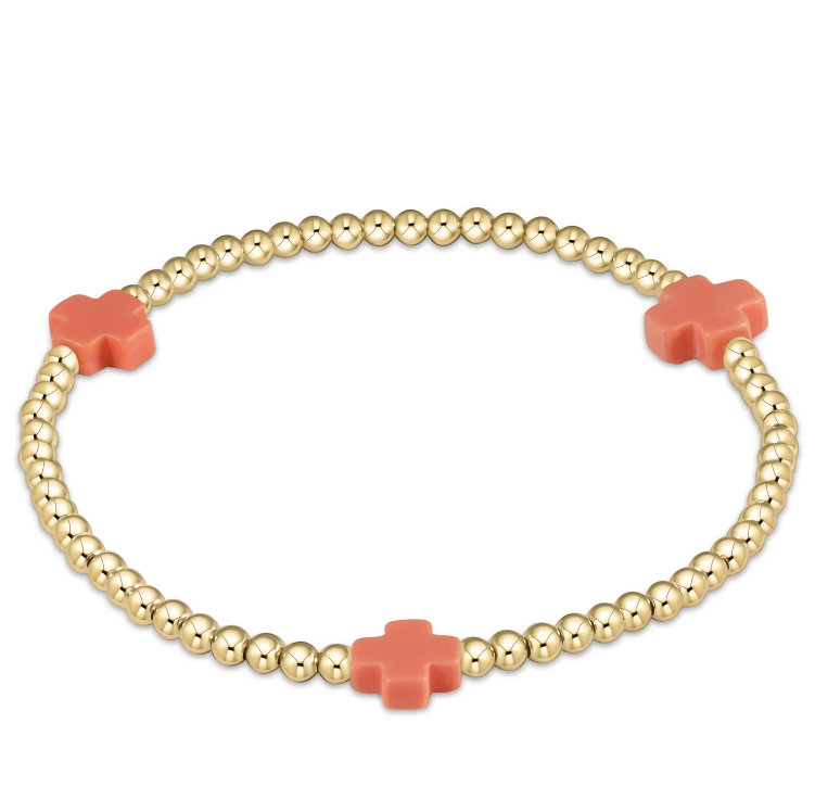 Signature Cross Gold Pattern 3mm Bead Bracelet - Coral