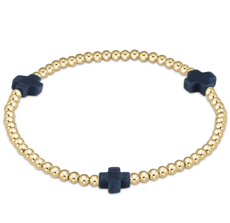 Signature Cross Gold Pattern 3mm Bead Bracelet - Navy