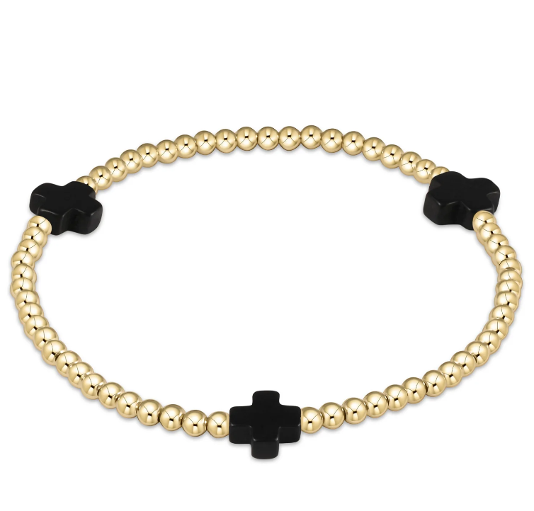 Signature Cross Gold Pattern 3mm Bead Bracelet - Onyx