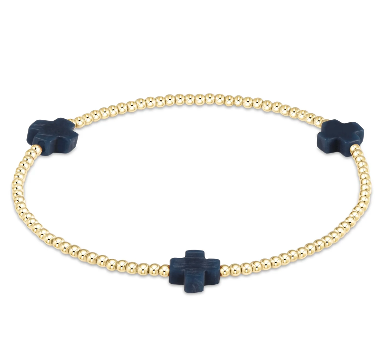 Signature Cross Gold Pattern 2mm Bead Bracelet - Navy