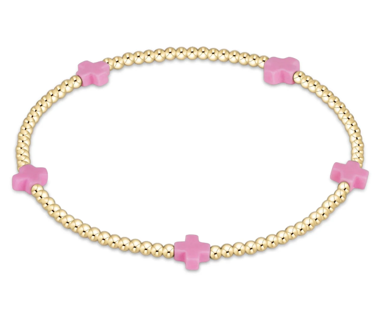 Signature Cross Small Gold Pattern 2mm Bead Bracelet - Bright Pink