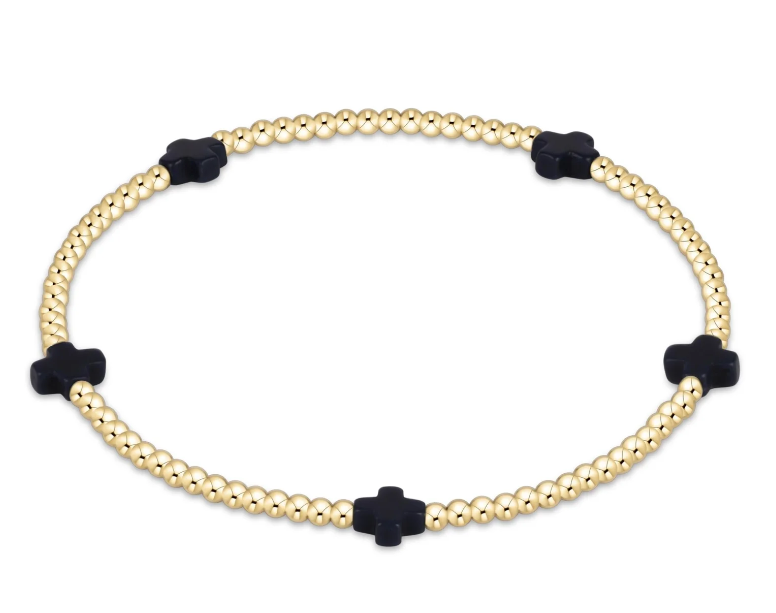 Signature Cross Small Gold Pattern 2mm Bead Bracelet - Navy
