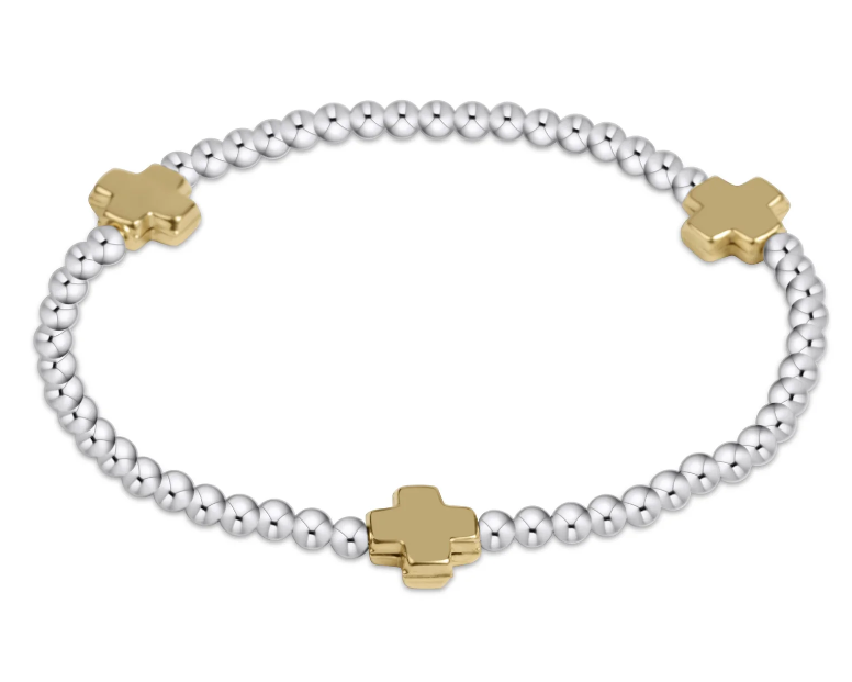 Signature Cross Sterling Mixed Metal Pattern 3mm Bead Bracelet- Gold