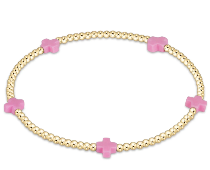 Egirl Signature Cross Small Gold Pattern 2mm Bead Bracelet - Bright Pink