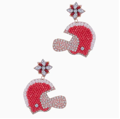 Seed Beaded Football Helmet Earrings: Red/White