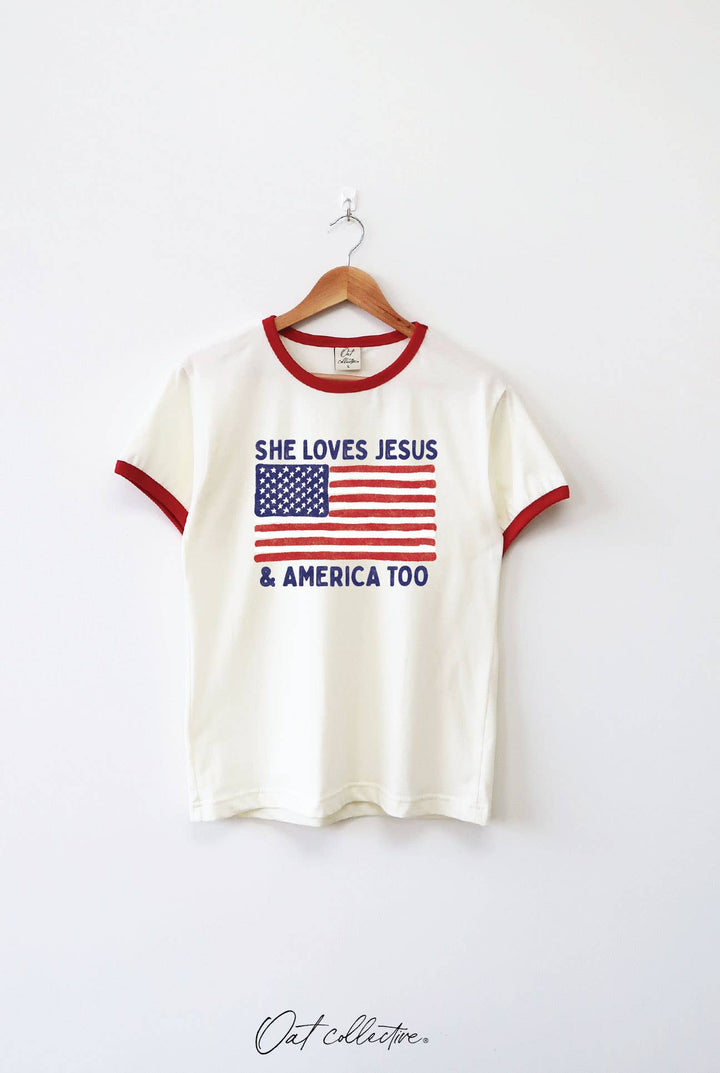 She Loves Jesus &amp; America too - Ringer Graphic Top