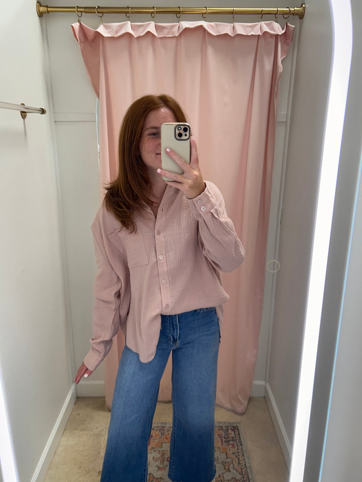 Vero Gauze Button Down - Light Pink & White