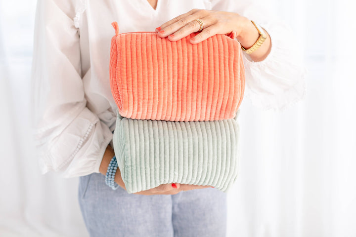 Rahab's Rope - Velvet & Block Print Lined Cosmetic Pouch-Coral