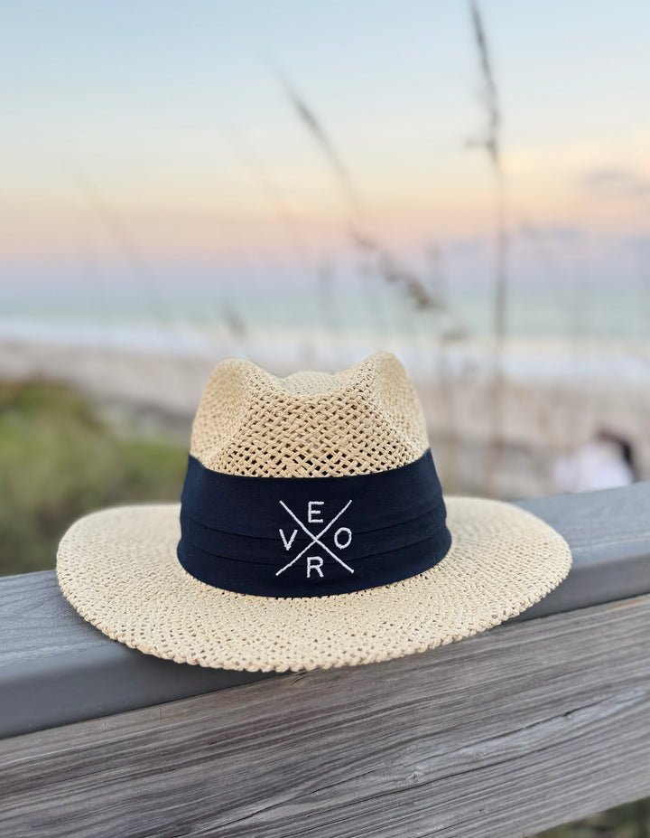 Vero Straw Golf Hat - Navy Band with White