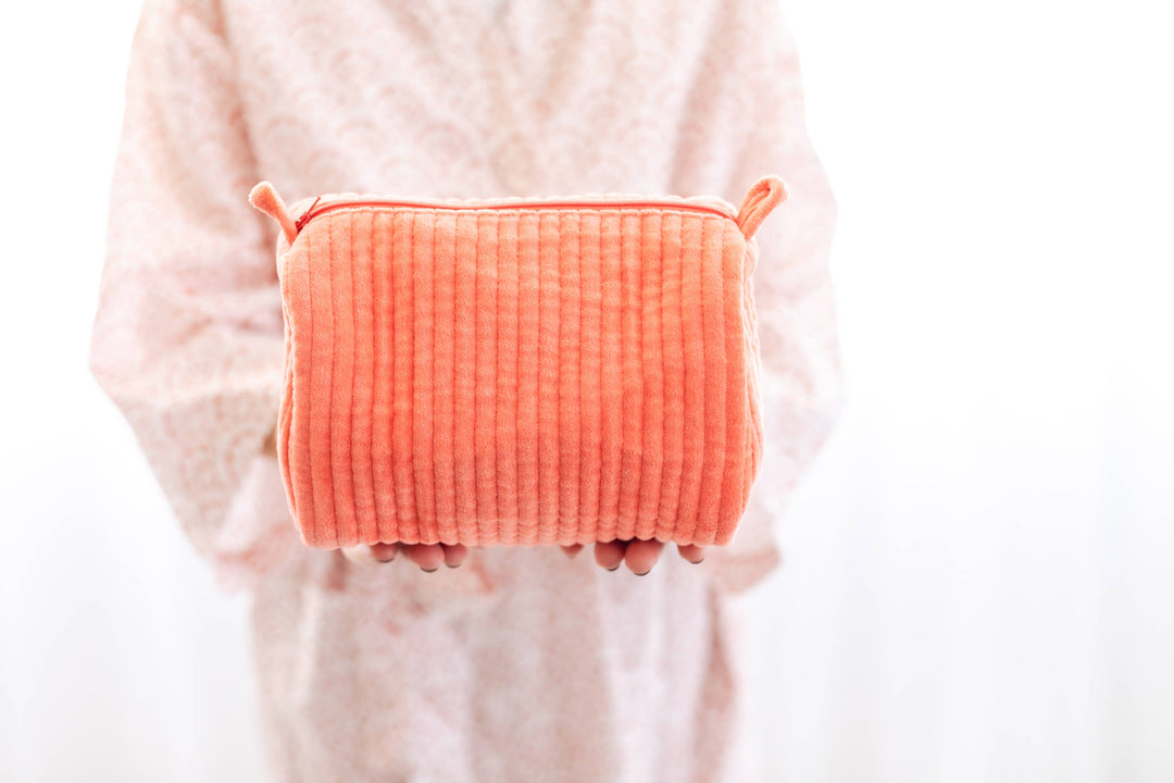 Rahab's Rope - Velvet & Block Print Lined Cosmetic Pouch-Coral