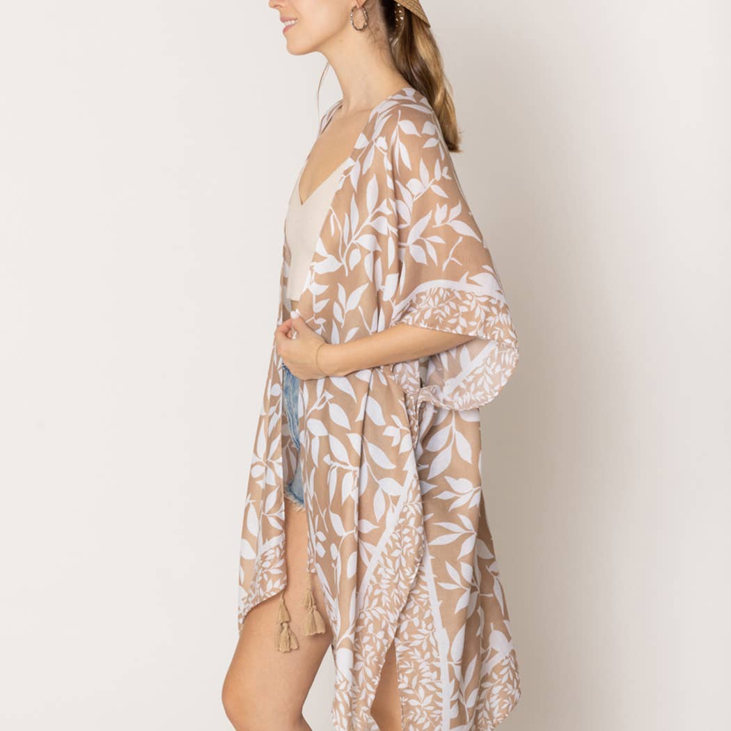 Leaf Print Summer Kimono with Tassels: One Size / TPE