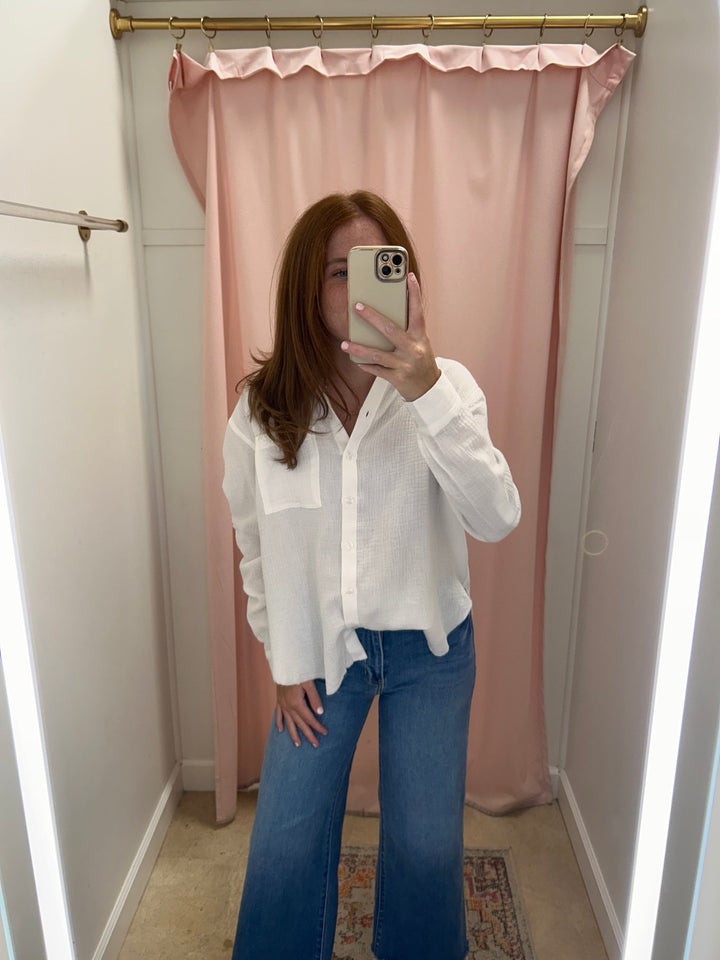 Vero Gauze Button Down - White &amp; Teal