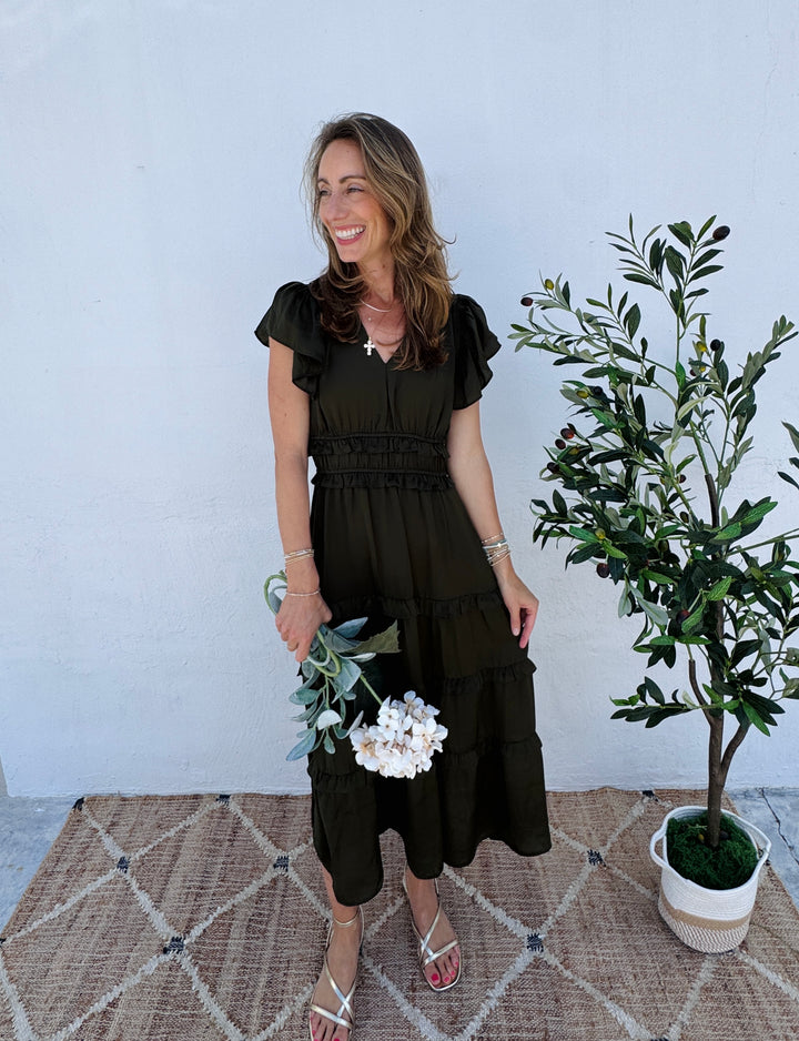 Harvest Moon Tiered Midi Dress - Dusty Olive