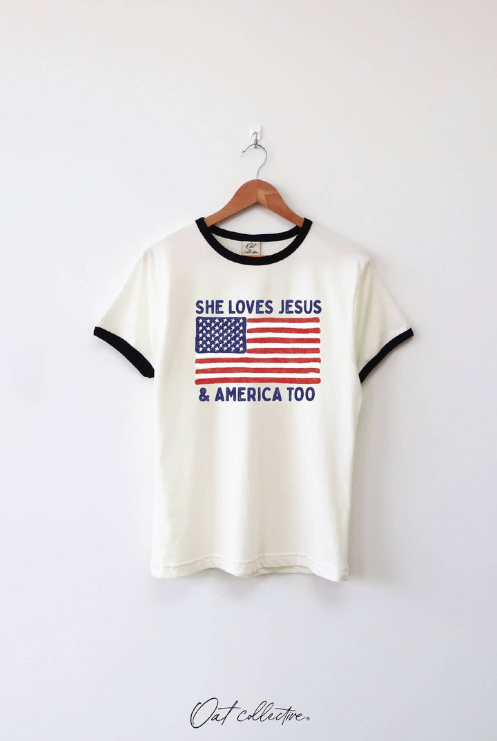 She Loves Jesus &amp; America too - Black Neck-Line - Ringer Graphic Top
