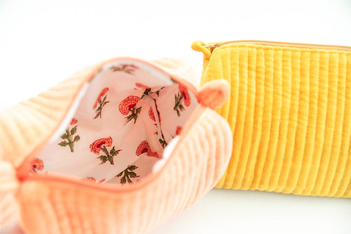 Rahab's Rope - Velvet & Block Print Lined Cosmetic Pouch-Coral