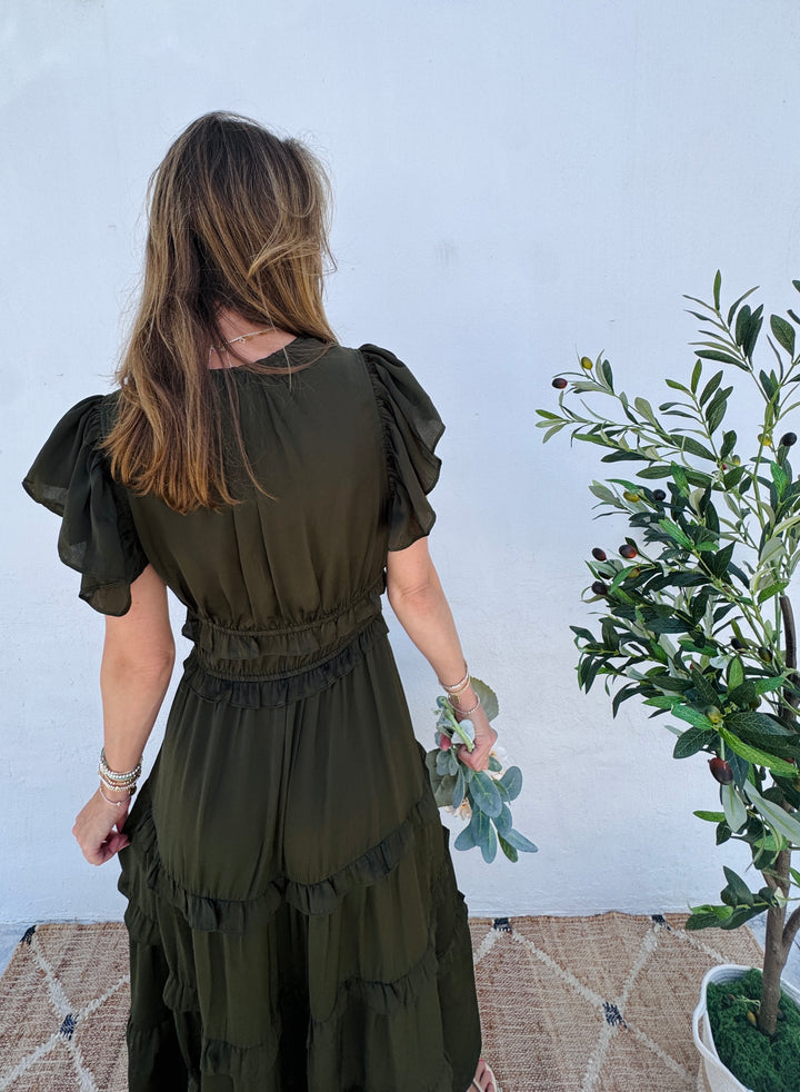 Harvest Moon Tiered Midi Dress - Dusty Olive