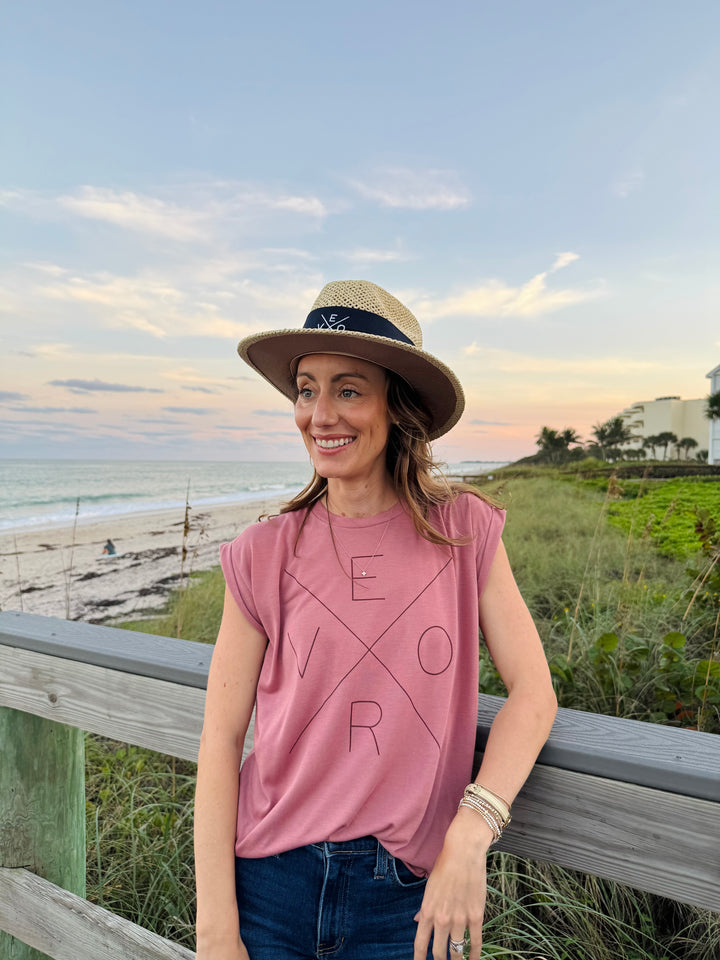 Vero Straw Golf Hat - Navy Band with White