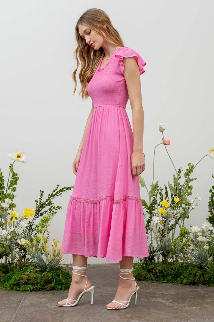 Lea Smocked Midi Dress Scoop Neck- Pink
