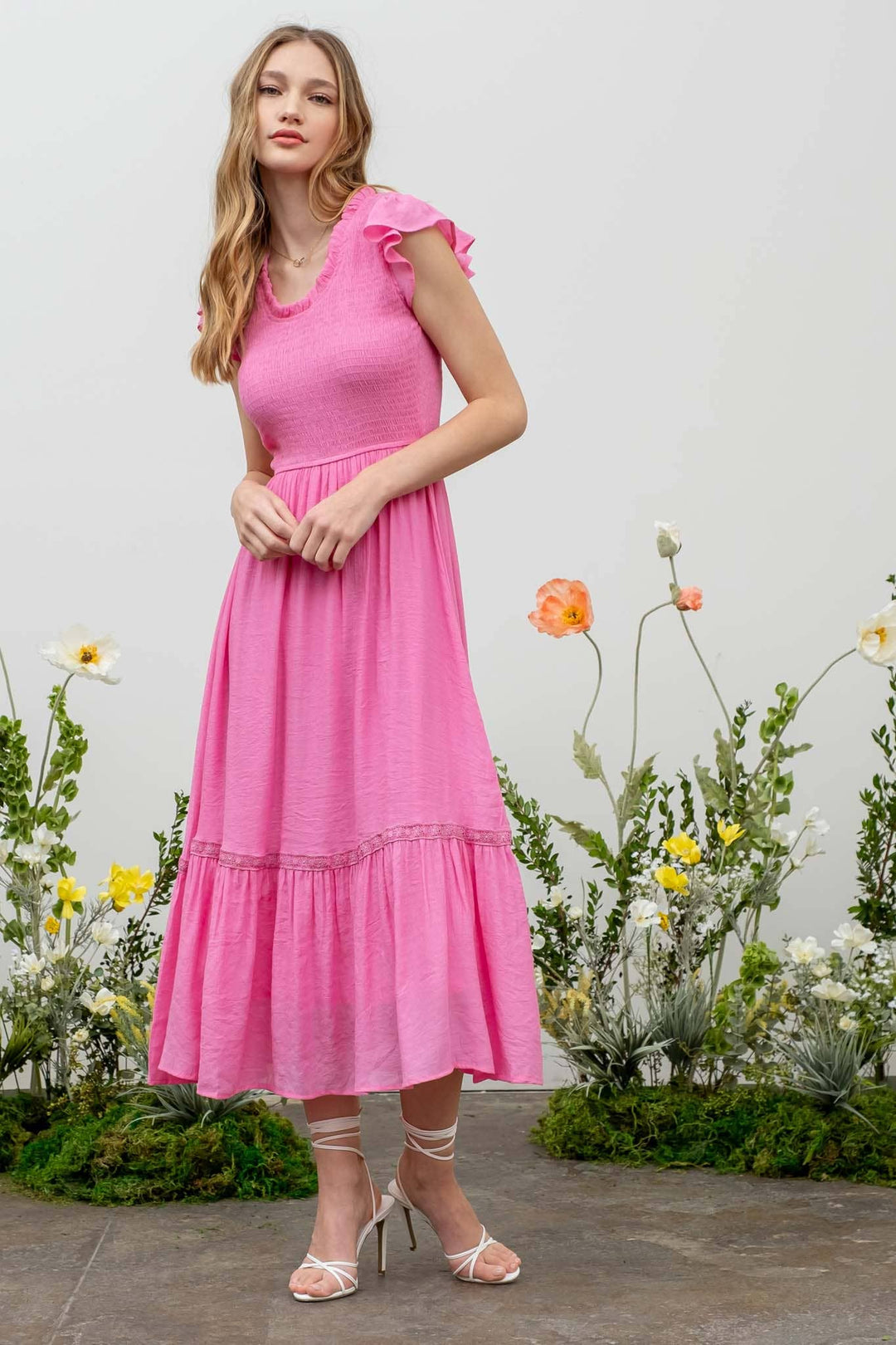 Lea Smocked Midi Dress Scoop Neck- Pink
