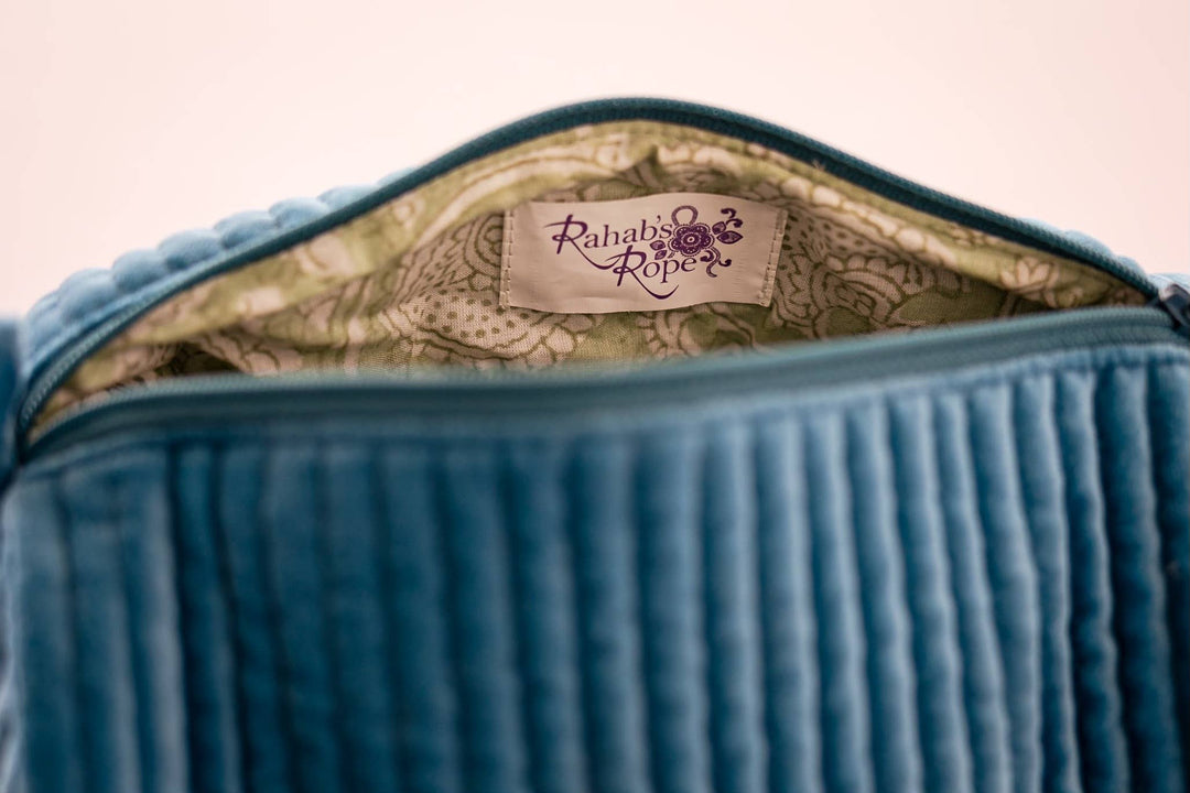Rahab's Rope - Velvet & Block Print Lined Cosmetic Pouch-Blue