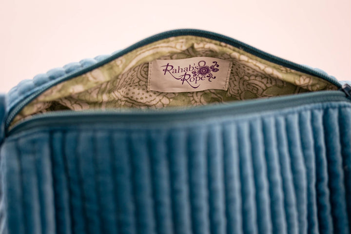 Rahab's Rope - Velvet & Block Print Lined Cosmetic Pouch-Blue