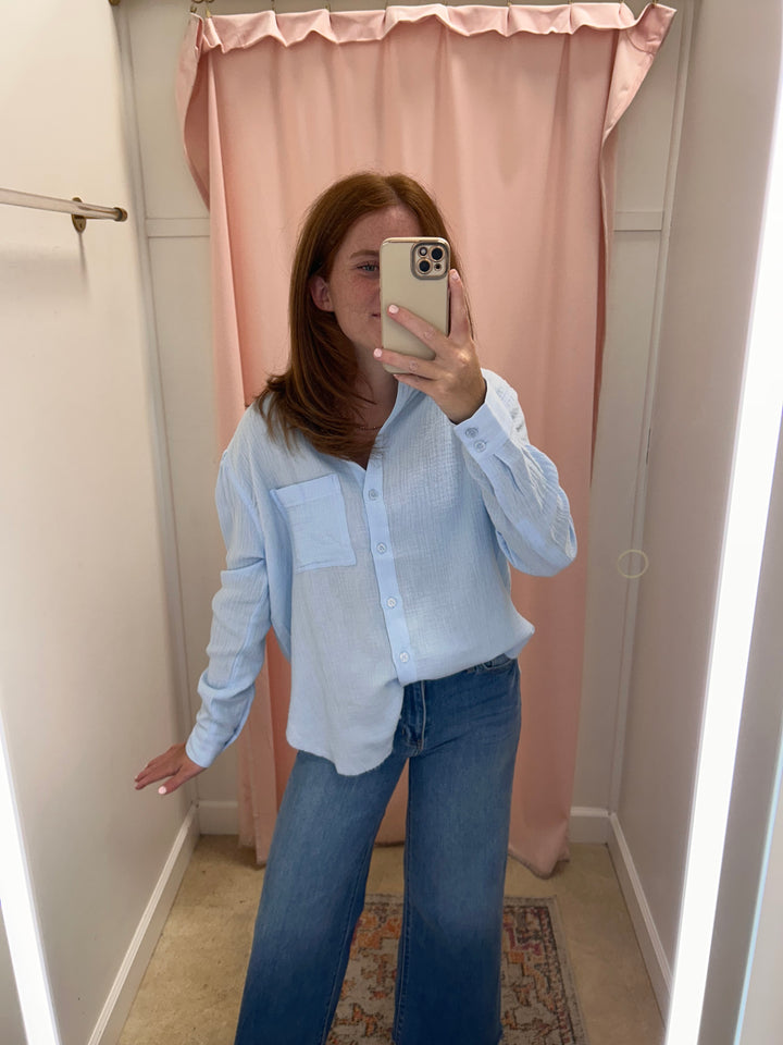 Vero Gauze Button Down - Light Blue & White