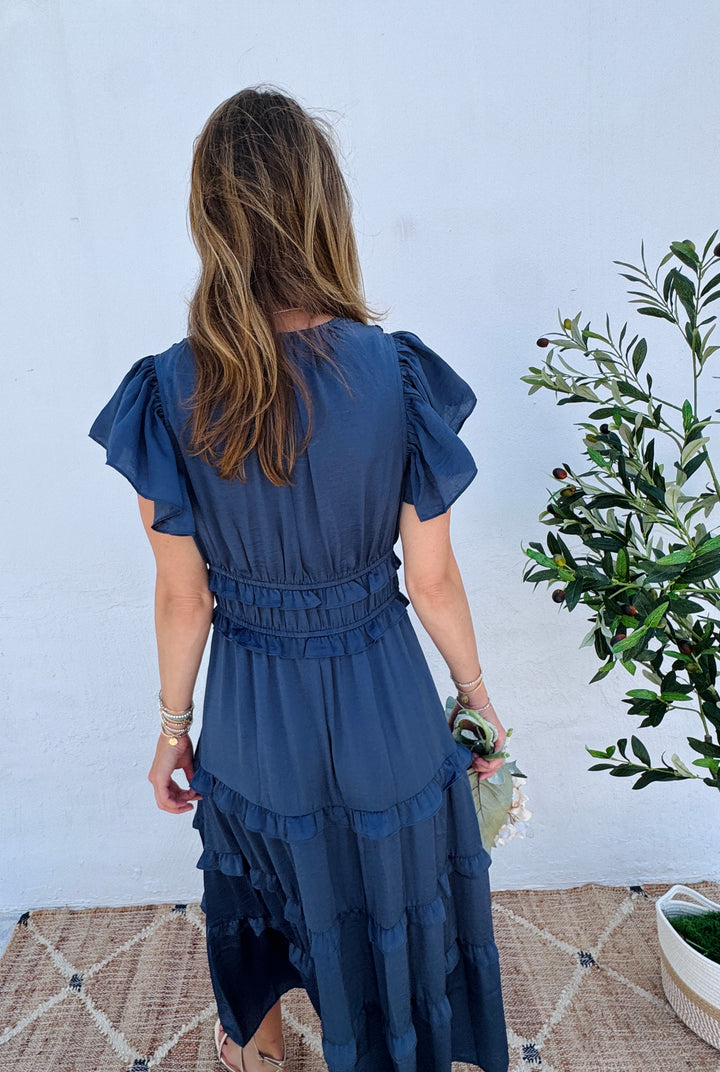 Twilight Whisper Tiered Midi Dress - Dusty Blue