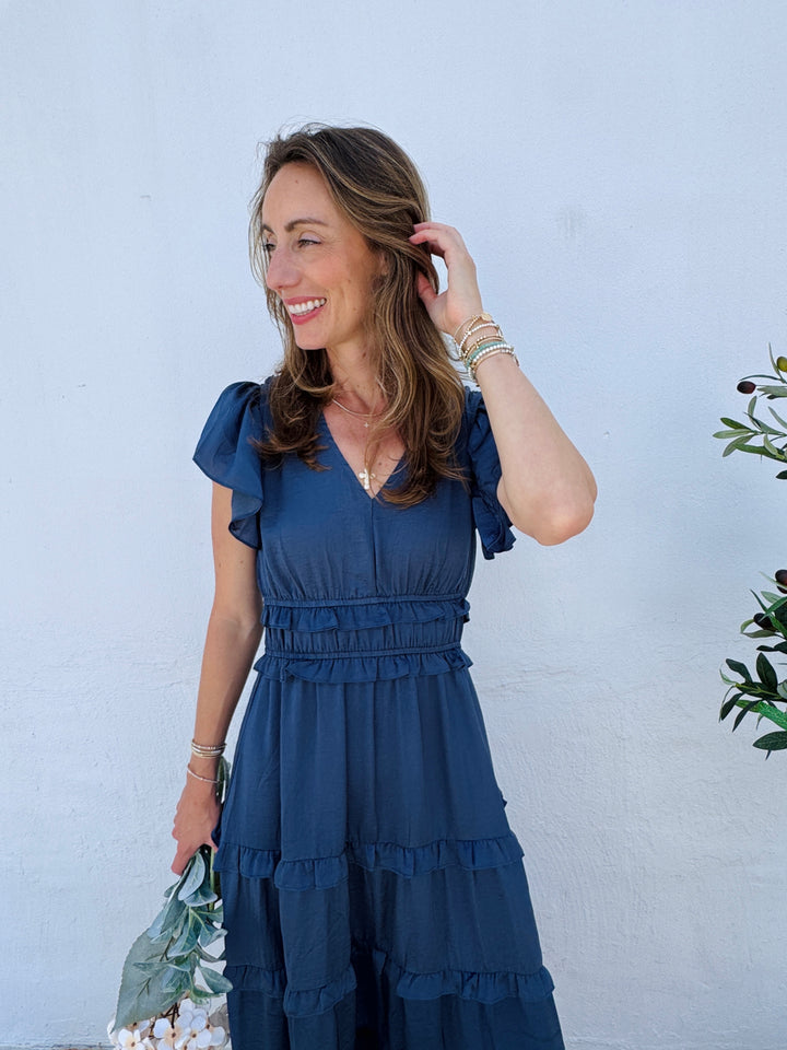 Twilight Whisper Tiered Midi Dress - Dusty Blue