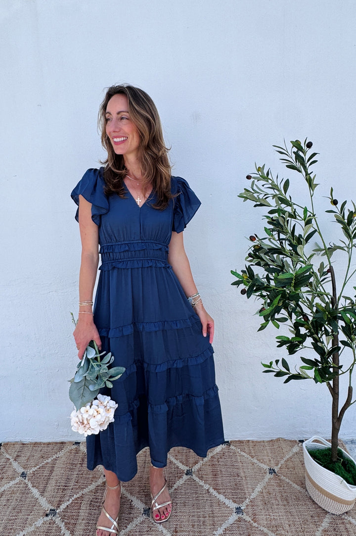 Twilight Whisper Tiered Midi Dress - Dusty Blue