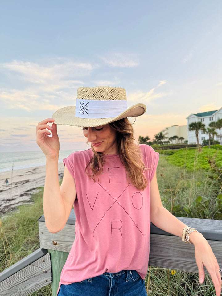 Vero Straw Golf Hat - White Band with Navy