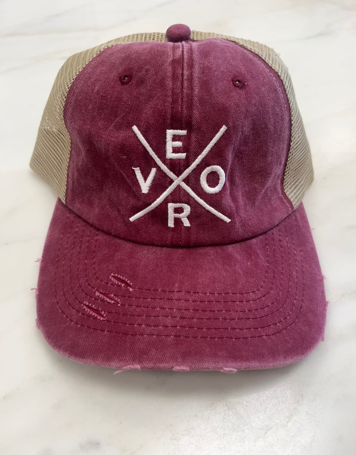 Vero Distressed Trucker Hat - Wine & Khaki
