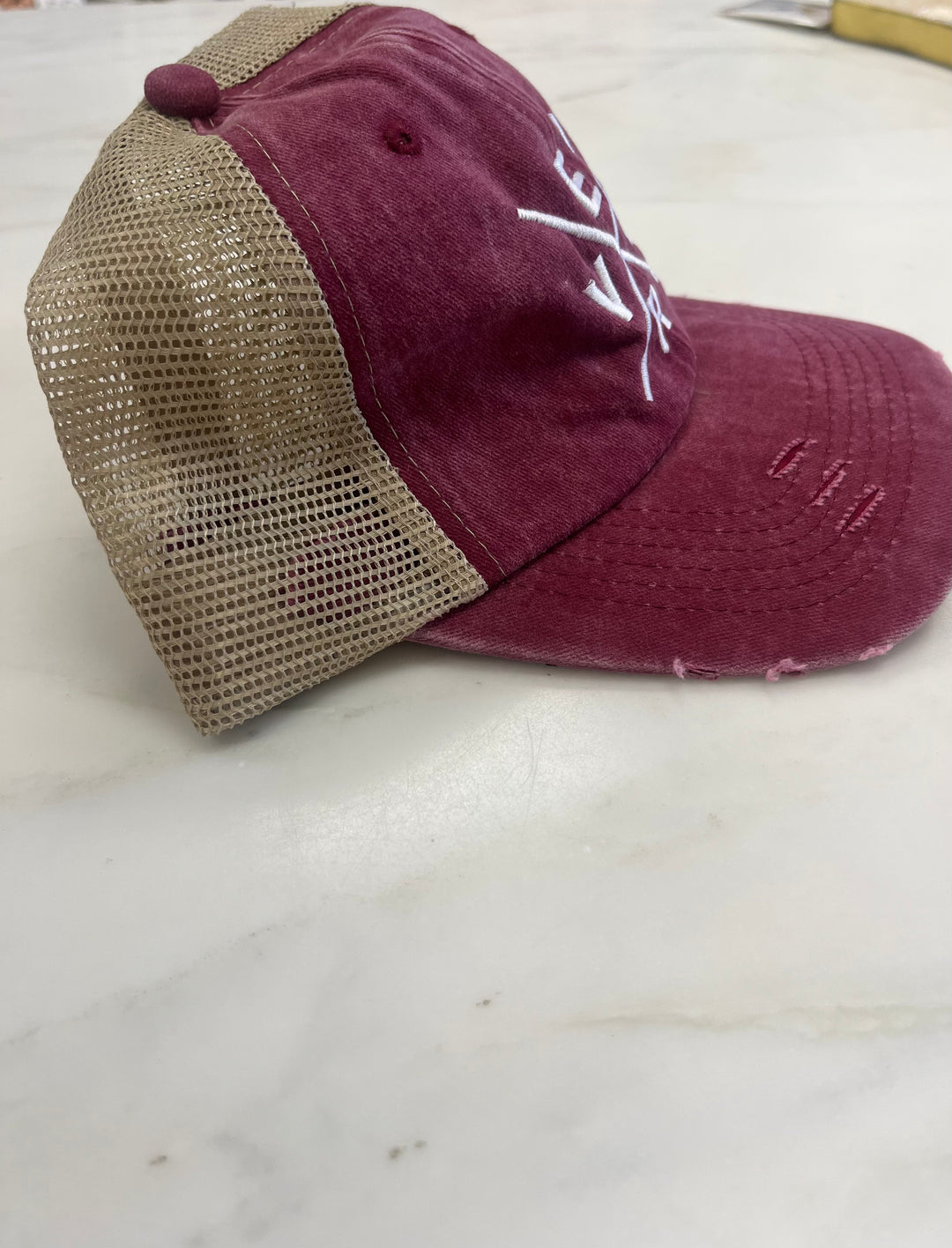 Vero Distressed Trucker Hat - Wine & Khaki