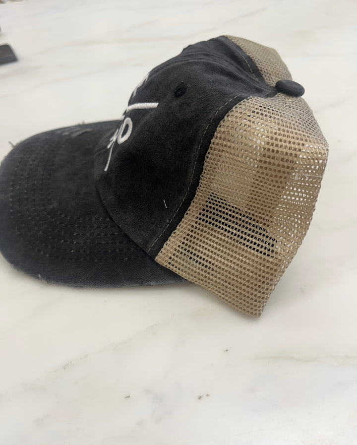 Vero Distressed Trucker Hat - Black & Khaki