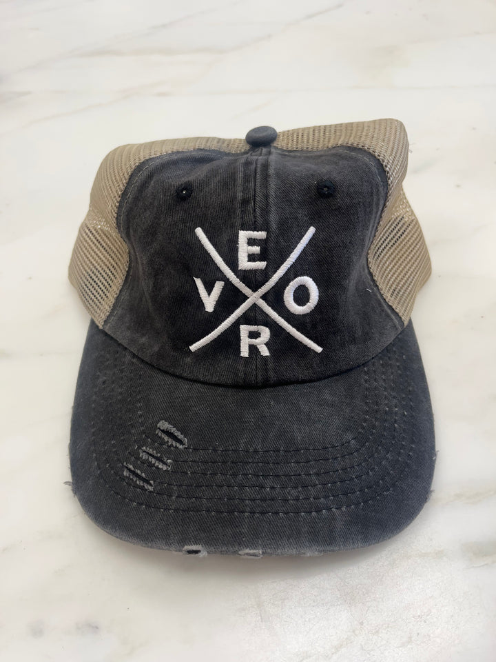 Vero Distressed Trucker Hat - Black & Khaki