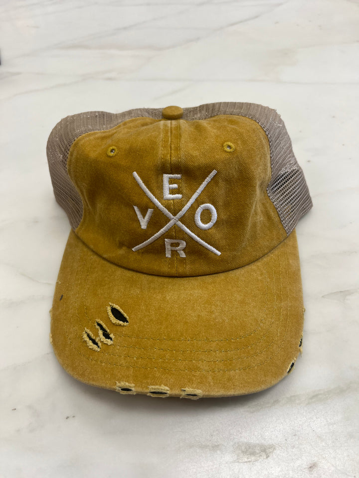 Vero Distressed Trucker Hat - Mustard & Khaki