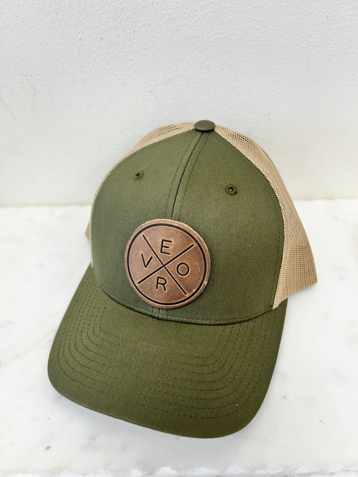 Vero Hat - Leather Patch  Moss & Khaki Trucker Hat