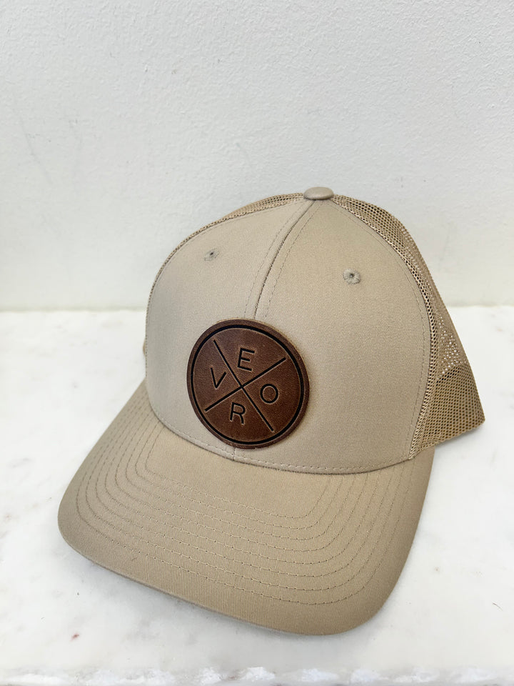 Vero Hat - Leather Patch Khaki Trucker Hat