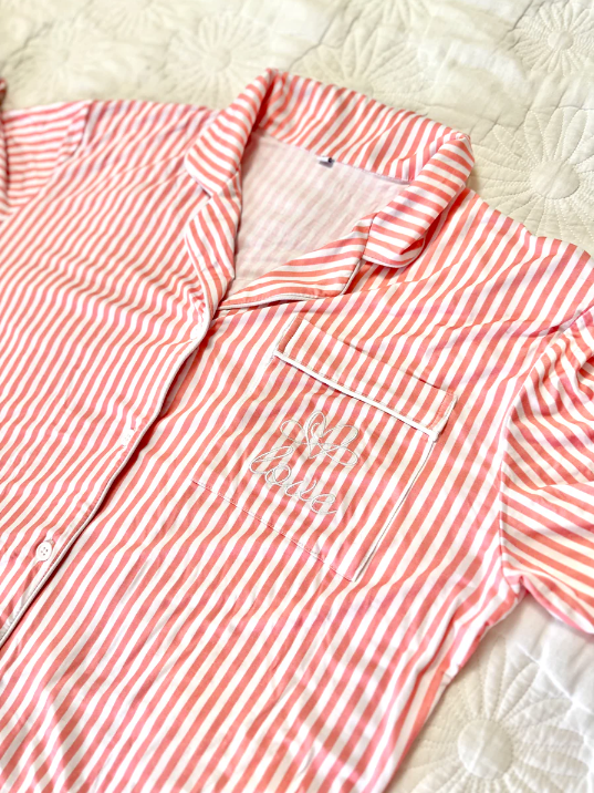 His Love Never Ends - Pink Stripes Embroidered Pajama Set With Ruffles
