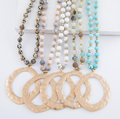 Stone Beaded Necklace: Turquoise with Hammered Metal Circle Pendant