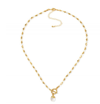 Faceted Bead & Metal Tone Necklace with Stone Pendant & Toggle Clasp: Crystal