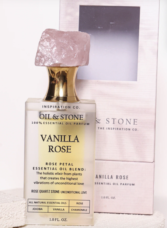 Oil &amp; Stone: Vanilla Rose - Rose Quartz Premium Oil Perfume - Full Size Stone Bottle