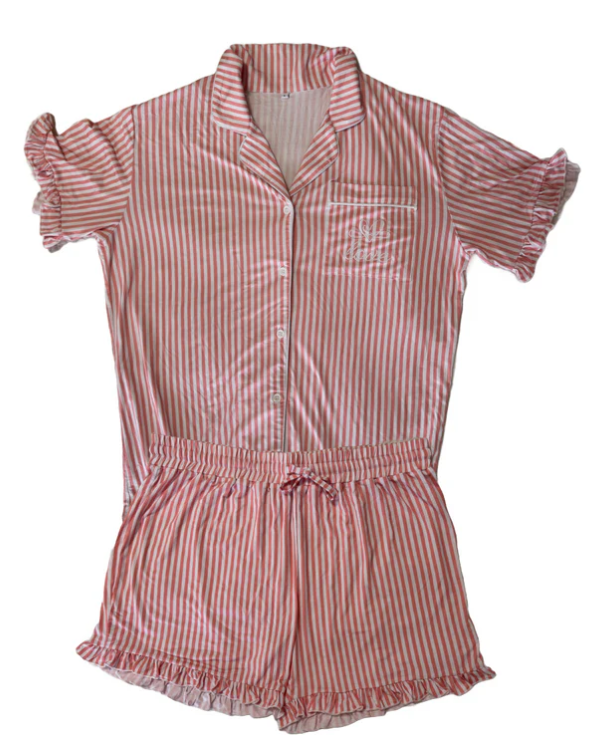 His Love Never Ends - Pink Stripes Embroidered Pajama Set With Ruffles