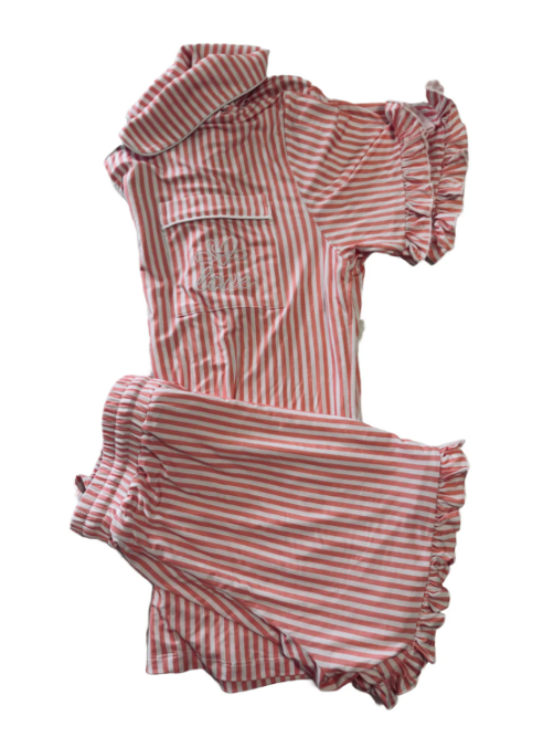 His Love Never Ends - Pink Stripes Embroidered Pajama Set With Ruffles
