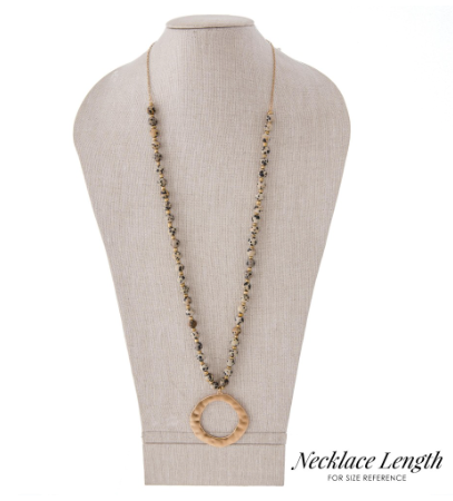Stone Beaded Necklace: Turquoise with Hammered Metal Circle Pendant