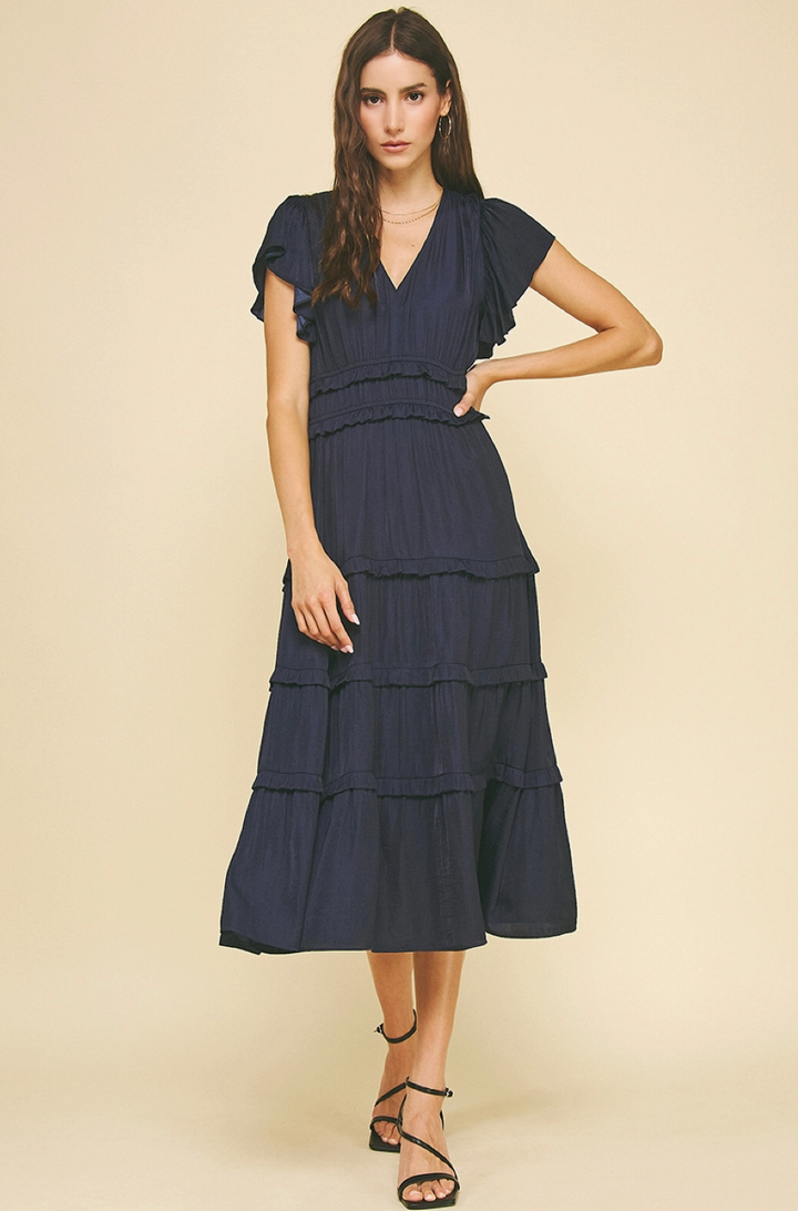 Twilight Whisper Tiered Midi Dress - Dusty Blue