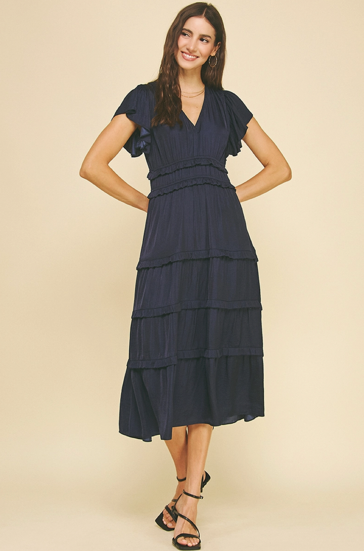 Twilight Whisper Tiered Midi Dress - Dusty Blue